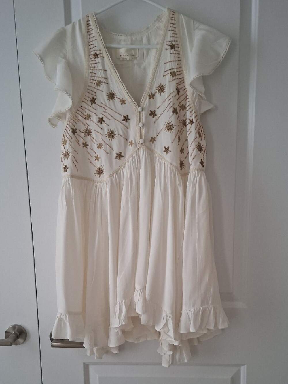 Anthropologie Off White Dress with Gold Star Embroidery Lined Boho